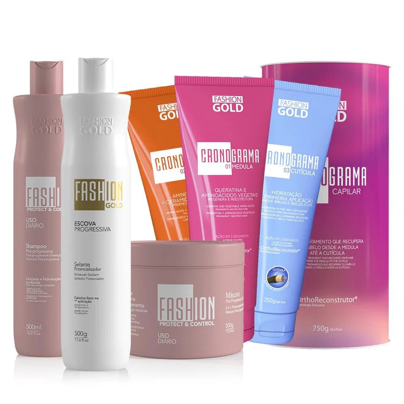 Cronograma Capilar Lata x3 Tubos 250gr + Alisado Fashion Gold + Sh + Mask 500ml