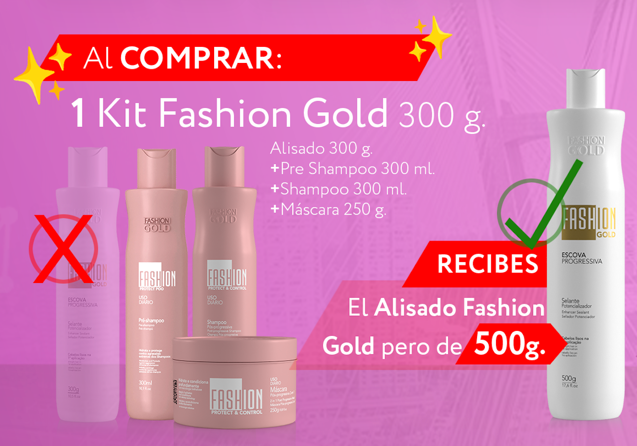 Fashion Gold - Alisado en Casa 500gr + Protect & Control  Shampoo 300ml + Mask 250 gr+ Pre Shampoo 300ml