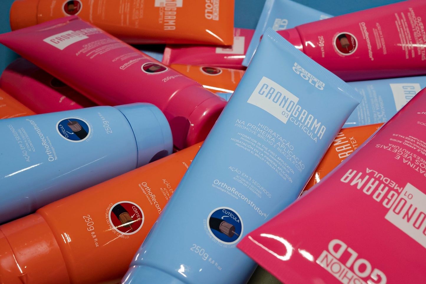 Cronograma Capilar Lata x3 Tubos 250gr + Alisado Fashion Gold 500ml + Shampoo P&C 500ml + Máscara P&C 500gr