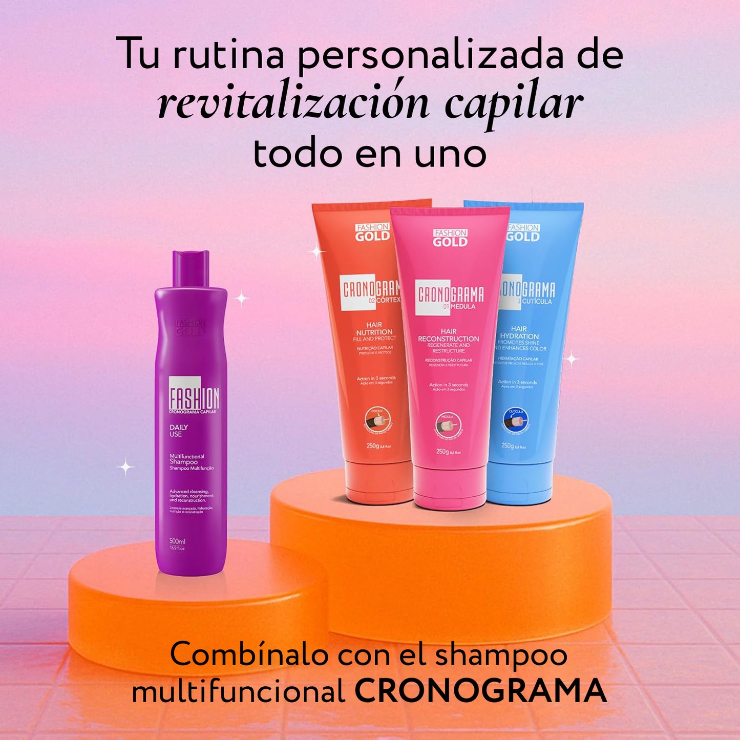 Fashion Gold  Cronograma Capilar x3 Tubos 250gr c/u