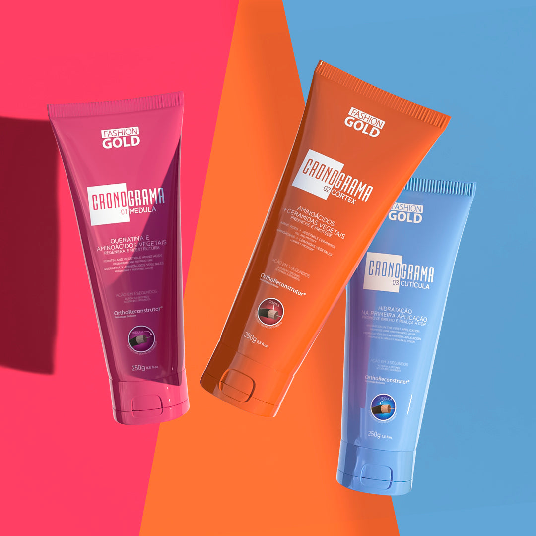 COMBO Cronograma Capilar Lata x3 Tubos 250gr c/u + Alisado Fashion Gold 500gr + Shampoo 500ml + Pre-Shampoo 500ml + Mascara 500ml