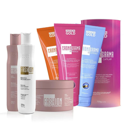 Cronograma Capilar Lata x3 Tubos 250gr + Alisado Fashion Gold 300gr + Sh 300ml + Mask 250gr