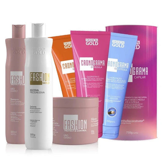 Cronograma Capilar Lata x3 Tubos 250gr + Alisado Fashion Gold + Sh + Mask 500ml