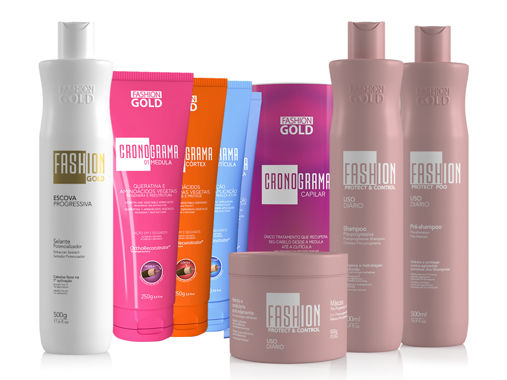 COMBO Cronograma Capilar Lata x3 Tubos 250gr c/u + Alisado Fashion Gold 500gr + Shampoo 500ml + Pre-Shampoo 500ml + Mascara 500ml